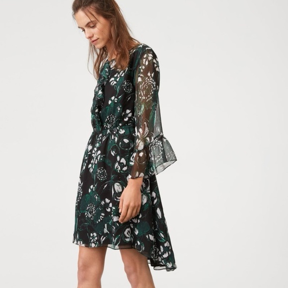 Club Monaco green silk floral high-low ruffle shirt dress - 4 (Small) - Picture 1 of 1